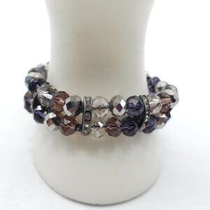 Premier Designs Faceted Crystal Stretch Bracelet Purple Silver Metallic Accent